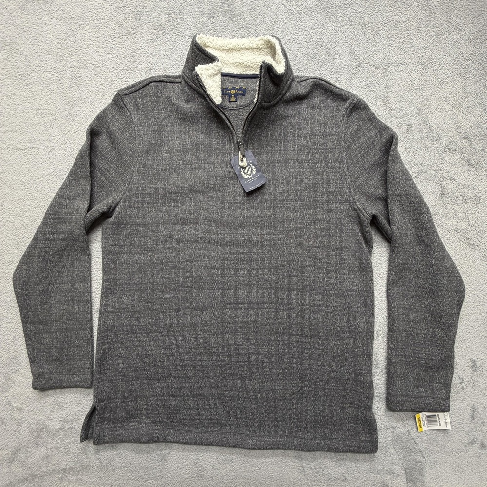 Club Room Sweater Mens Medium Gray Quarter Zip Sherpa Lined Fleece Pullover